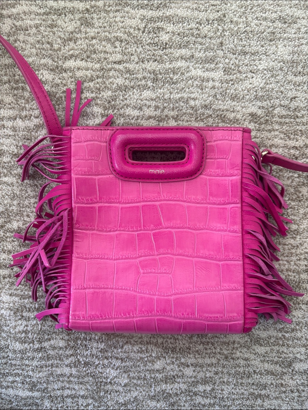 Maje fuchsia croc-embossed leather fringe crossbody